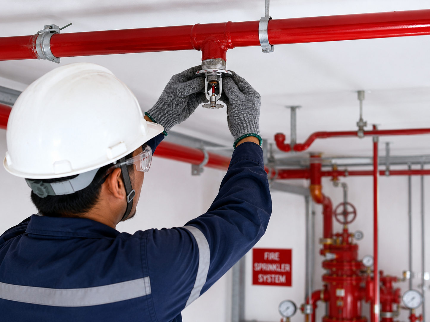 Technician installing a fire sprinkler system